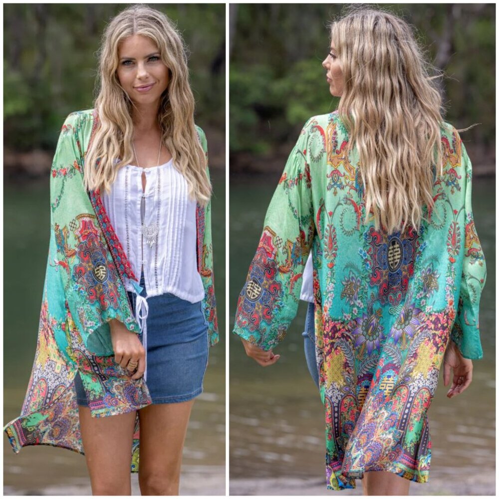 NwoT CIENNA Designs Emerald Kimono Silk Duster Ethnic Bohemian Print O/S Resort